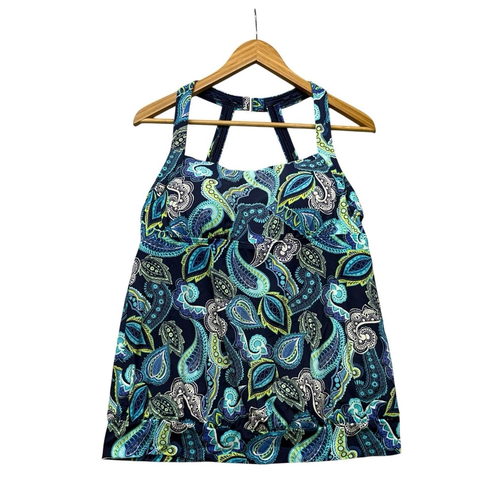 Lands End Womens Tankini Top 12 Blue Green Paisley Swim Swimsuit Shelf Bra